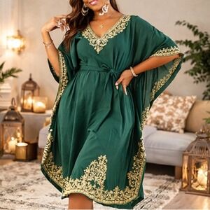 Women's XL Costume Emerald Green Long Kaftan Gold Embroidery Formal‎ Dress